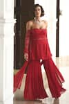 Buy_Label Sanya Gulati_Red Chiffon Embroidery Sequin Sweetheart Neck Off Shoulder Top Sharara Set _at_Aza_Fashions