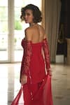 Shop_Label Sanya Gulati_Red Chiffon Embroidery Sequin Sweetheart Neck Off Shoulder Top Sharara Set _at_Aza_Fashions