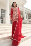 Buy_Label Sanya Gulati_Red Georgette Embroidery Resham Notched Zari Kurta Set _at_Aza_Fashions