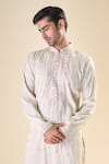 Aryavir Malhotra_Beige Silk Blend Embroidery Leaf Motif Classic Kurta With Pyjama _at_Aza_Fashions