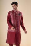 Buy_Aryavir Malhotra_Maroon Silk Blend Embellished Sequin Nehru Jacket _at_Aza_Fashions