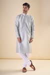 Buy_Aryavir Malhotra_Grey Silk Blend Thread Detailed Neck Straight Kurta _at_Aza_Fashions