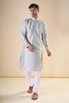 Buy_Aryavir Malhotra_Grey Silk Blend Thread Detailed Neck Straight Kurta _Online_at_Aza_Fashions