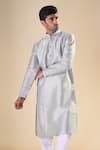 Shop_Aryavir Malhotra_Grey Silk Blend Thread Detailed Neck Straight Kurta _Online_at_Aza_Fashions