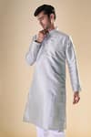 Aryavir Malhotra_Grey Silk Blend Thread Detailed Neck Straight Kurta _at_Aza_Fashions