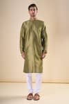 Aryavir Malhotra_Green Silk Blend Plain Band Collar Straight Kurta _Online_at_Aza_Fashions