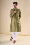 Buy_Aryavir Malhotra_Green Silk Blend Plain Band Collar Straight Kurta _Online_at_Aza_Fashions