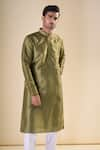 Shop_Aryavir Malhotra_Green Silk Blend Plain Band Collar Straight Kurta _Online_at_Aza_Fashions