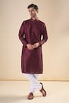 Buy_Aryavir Malhotra_Maroon Silk Blend Plain Band Collar Solid Kurta _at_Aza_Fashions