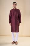 Aryavir Malhotra_Maroon Silk Blend Plain Band Collar Solid Kurta _Online_at_Aza_Fashions