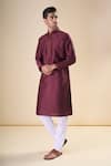 Buy_Aryavir Malhotra_Maroon Silk Blend Plain Band Collar Solid Kurta _Online_at_Aza_Fashions