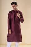 Shop_Aryavir Malhotra_Maroon Silk Blend Plain Band Collar Solid Kurta _Online_at_Aza_Fashions