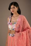 Buy_Payal Singhal_Peach Georgette Hand Embroidery 3d Floral Square Neck Bloom Blouse Lehenga Set _Online_at_Aza_Fashions