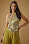 Buy_Payal Singhal_Green Georgette Embroidery Safari Halter Neck Back Tie Up Choli With Sharara _Online_at_Aza_Fashions