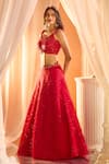 Alaya Advani_Red Blouse Net Embellished Sequins Cutwork Scoop Neck Feather Lehenga And Set _Online_at_Aza_Fashions