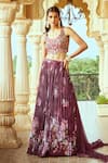 Shop_Alaya Advani_Wine Blouse Raw Silk Printed Floral Leaf Pleated And Lehenga Set 