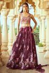 Alaya Advani_Wine Blouse Raw Silk Printed Floral Leaf Pleated And Lehenga Set _Online