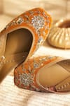 Shop_Amaryllis For Her_Orange Dabka Auburn Gul Embroidered Juttis _at_Aza_Fashions