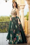 Shop_Alaya Advani_Green Blouse Raw Silk Printed Floral Leaf Pleated Lehenga Set _at_Aza_Fashions