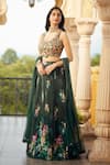 Alaya Advani_Green Blouse Raw Silk Printed Floral Leaf Pleated Lehenga Set _Online_at_Aza_Fashions