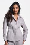 Terra Luna_Silver 100% Organic Handloom Cotton Solid Shirt Collar Alya Side Ruched _Online_at_Aza_Fashions