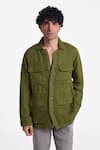 Buy_Terra Luna_Green Linen Twill Felis Flap Pocket Shirt _at_Aza_Fashions