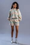 Buy_POOJA SHROFF_Ivory Denim Woven Distress High Neck Pulse Pattern Shirt With Shorts _at_Aza_Fashions