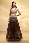 Alaya Advani_Brown Blouse Raw Silk Printed Floral Work V Neck Pleated And Jaal Lehenga Set _Online_at_Aza_Fashions