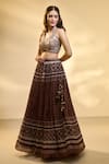 Buy_Alaya Advani_Brown Blouse Raw Silk Printed Floral Work V Neck Pleated And Jaal Lehenga Set _Online_at_Aza_Fashions