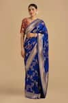 Buy_Zal From Benaras_Blue Pure Silk Woven Floral Checkered Saree With Unstitched Blouse Piece _at_Aza_Fashions