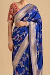 Zal From Benaras_Blue Pure Silk Woven Floral Checkered Saree With Unstitched Blouse Piece _Online_at_Aza_Fashions