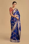 Shop_Zal From Benaras_Blue Pure Silk Woven Floral Checkered Saree With Unstitched Blouse Piece _Online_at_Aza_Fashions