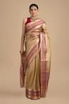 Zal From Benaras_Pink Pure Tissue Silk Woven Chevron Border Saree With Unstitched Blouse Piece _at_Aza_Fashions