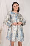 Shop_ITSISH_Blue Jacquard Woven Floral Round Juana Dress _Online_at_Aza_Fashions