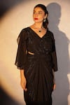 ITSISH_Black Shimmer Chiffon Plain V-neck Valetta Draped Gown _Online_at_Aza_Fashions