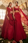 Shop_Sunita Bhandari_Red Viscose Organza Embroidered Sequin Leaf Aglow Fishcut Lehenga Set _at_Aza_Fashions