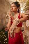 Sunita Bhandari_Red Viscose Organza Embroidered Sequin Leaf Aglow Fishcut Lehenga Set _at_Aza_Fashions