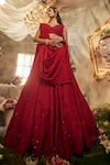 Shop_Sunita Bhandari_Red Viscose Organza Embroidered Thread V Neck Elysium Floral Lehenga Set _at_Aza_Fashions