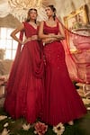 Sunita Bhandari_Red Viscose Organza Embroidered Thread V Neck Elysium Floral Lehenga Set _Online_at_Aza_Fashions