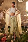 Buy_Sunita Bhandari_Green Pure Silk Embroidered Pearl Round Mystique Cape Draped Skirt Set _at_Aza_Fashions