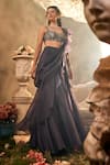 Buy_Sunita Bhandari_Blue Pure Satin Organza Embroidered Twilight Pre-draped Saree With Blouse _at_Aza_Fashions