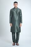 Arihant Rai Sinha_Green Jacquard, Silk Embroidery Leaf Woven Bundi And Kurta Set_at_Aza_Fashions