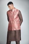 Arihant Rai Sinha_Brown Jacquard, , Satin Embroidery Flower Woven Bundi And Kurta Set _at_Aza_Fashions