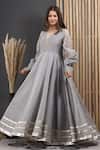 Suti Kapda_Grey Chanderi Gota Patti V-neck Embroidered Flared Gown _Online_at_Aza_Fashions