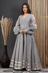 Buy_Suti Kapda_Grey Chanderi Gota Patti V-neck Embroidered Flared Gown _at_Aza_Fashions