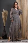 SUTI KAPDA_Grey Chiffon Leheriya V-neck Pattern Pleated Bodice Gown _at_Aza_Fashions