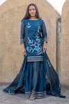 Buy_SUTI KAPDA_Blue Chanderi Hand Painted Floral Round Neck Kurta Sharara Set _Online_at_Aza_Fashions