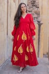 Buy_SUTI KAPDA_Red Chanderi Hand Painted Leaf Motifs V Neck Gown _at_Aza_Fashions