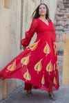 SUTI KAPDA_Red Chanderi Hand Painted Leaf Motifs V Neck Gown _Online_at_Aza_Fashions