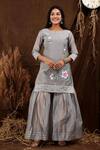 SUTI KAPDA_Grey Chanderi Hand Paint Bud Bloom Round Neck Kurta Sharara Set _Online_at_Aza_Fashions